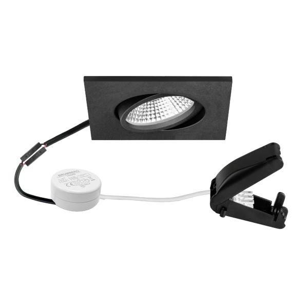 Faretto LED da incasso nero con cornice quadrata, driver integrato e clip a molla per l'installazione a soffitto.