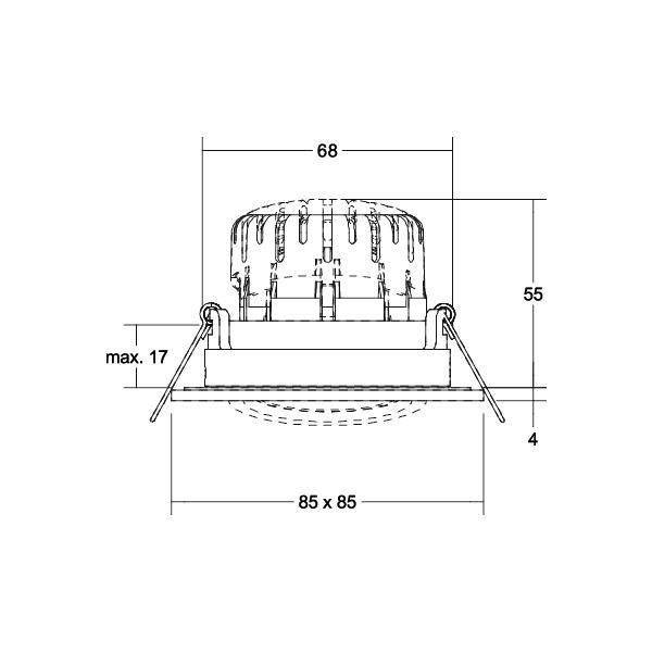 Diagramma dimensionale tecnico di una lampada da incasso a soffitto, con larghezza di 68 mm, altezza di 55 mm, ritaglio di 85 x 85 mm, profondità massima di 17 mm e spazio libero di 4 mm.