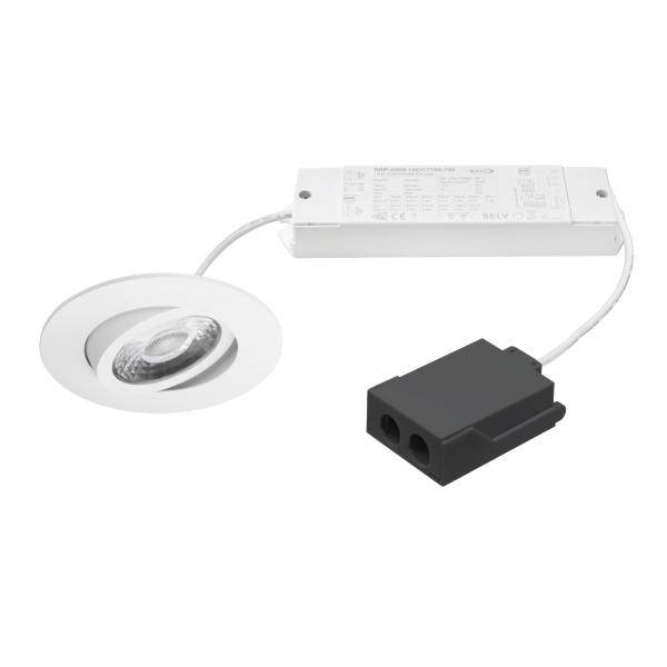 Faretto LED da incasso bianco con driver integrato e scatola di giunzione nera su sfondo bianco.