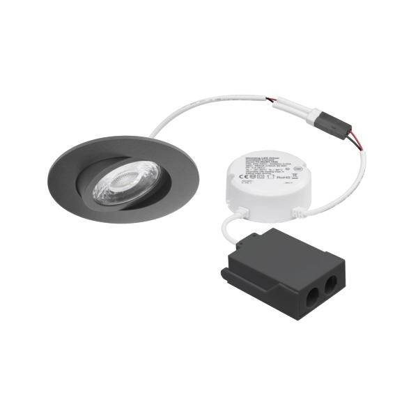 Kit di illuminazione LED incassato con diffusore nero, modulo driver bianco e connettore nero su sfondo bianco.