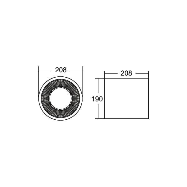 Disegno tecnico di un anello circolare o guarnizione, etichettato 208 di larghezza e 190 di altezza, mostrato in vista frontale e laterale.