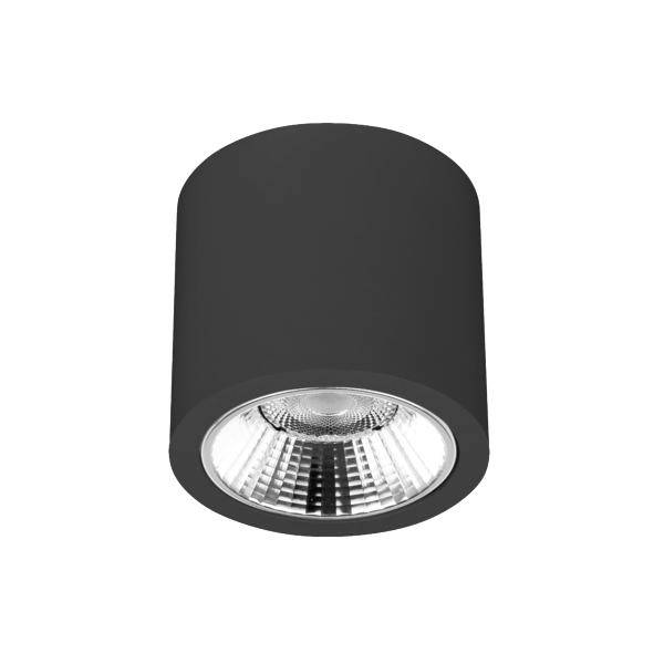 Faretto cilindrico nero montato a soffitto con lente riflettente incassata su sfondo bianco.