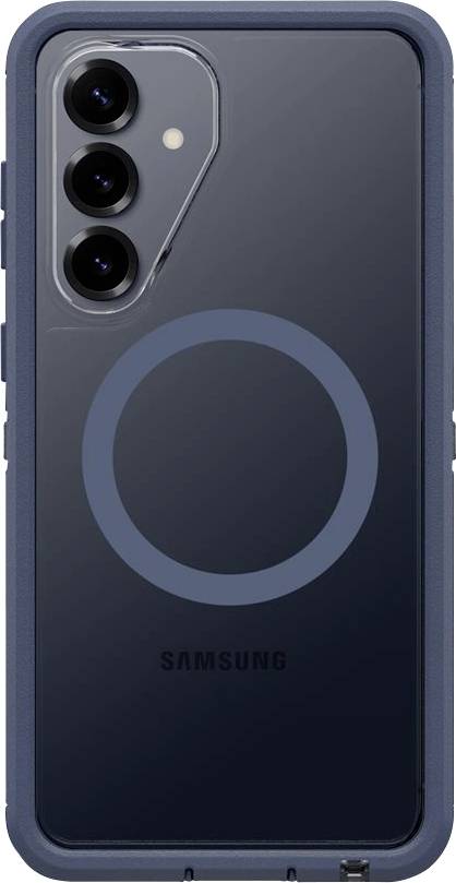 Retro di un telefono Samsung scuro in una custodia robusta, che mostra triple fotocamere posteriori e un anello di ricarica wireless circolare.