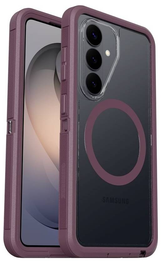 Due viste di uno smartphone Samsung in una custodia protettiva color malva, che mostrano lo schermo anteriore e il layout della tripla fotocamera posteriore con un anello in stile MagSafe.