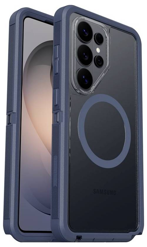 Smartphone Samsung blu in una custodia robusta, mostrato davanti e dietro, con tripla fotocamera posteriore e anello in stile MagSafe circolare sul retro.
