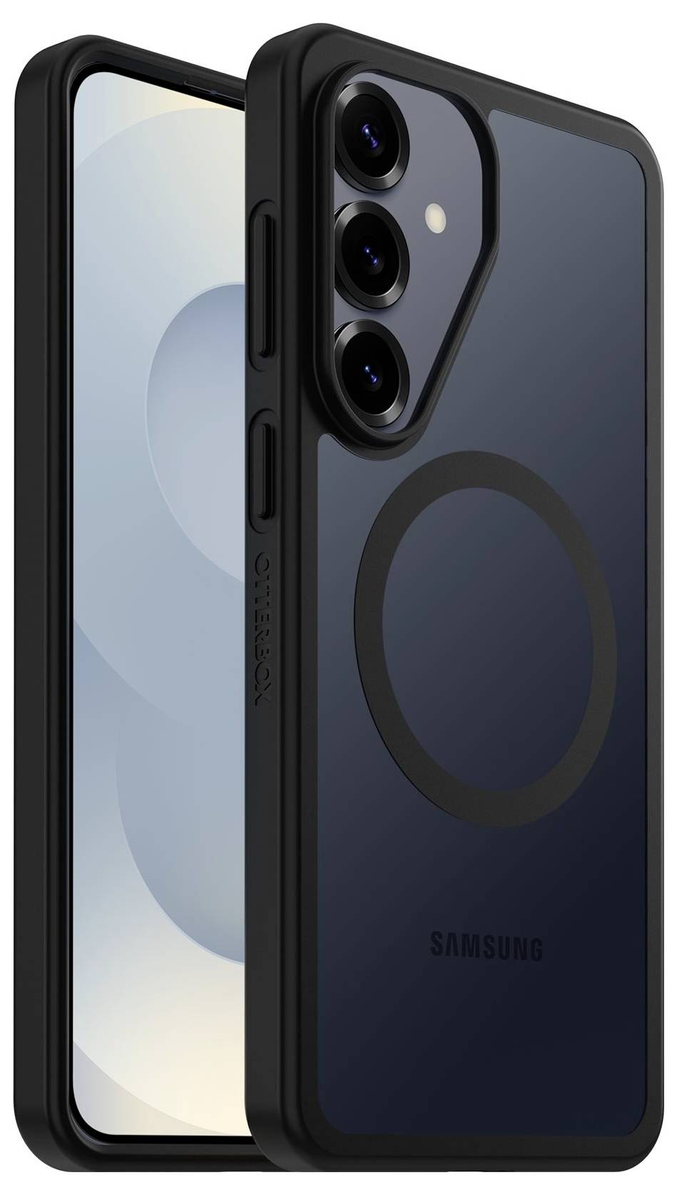 Due Samsung smartphone mostrati da fronte e retro, con una custodia scura sul telefono posteriore e tre fotocamere posteriori visibili.