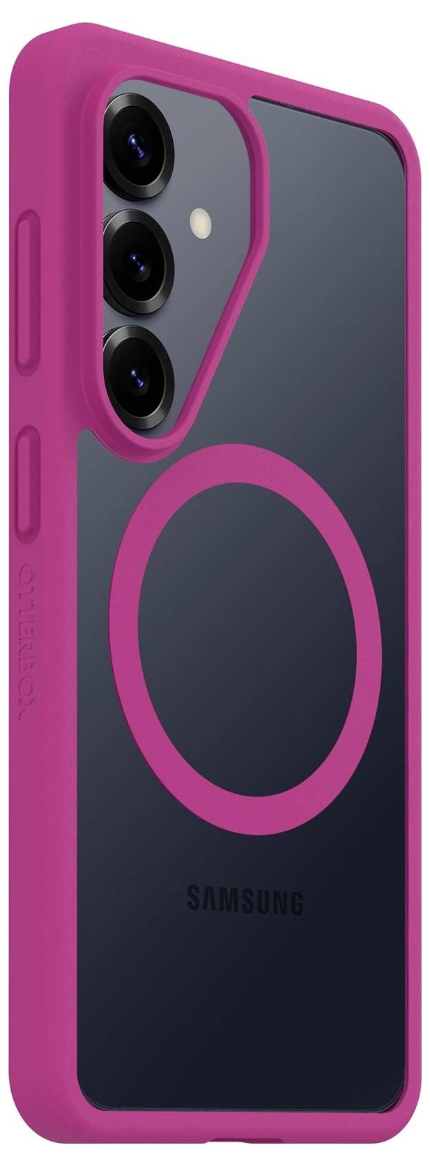 Custodia per smartphone Samsung rosa con retro scuro e grande anello stile MagSafe circolare, mostrata in vista angolata con ritaglio tripla fotocamera.