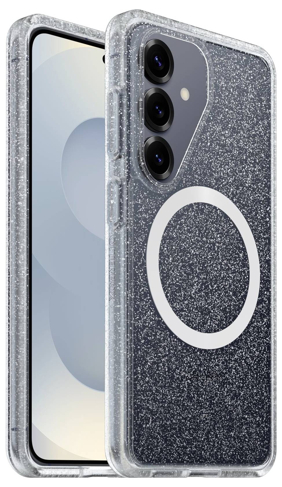 Due visualizzazioni di uno smartphone in una custodia trasparente con glitter, che mostrano il retro con tripla fotocamera e anello bianco e lo schermo anteriore.
