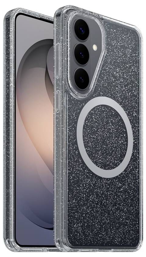 Due custodie telefonica trasparenti e glitterate per un iPhone, vista frontale e posteriore, con ritaglio anello MagSafe e apertura tripla fotocamera.