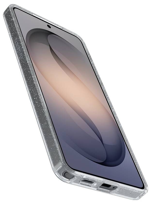 Smartphone in una custodia protettiva trasparente, mostrato da un'angolazione su uno sfondo bianco.
