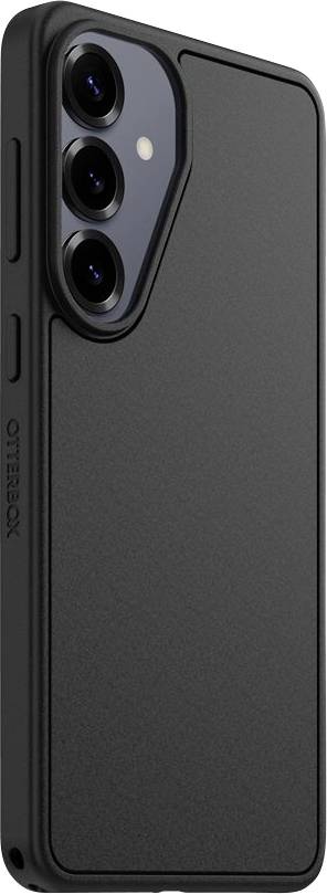 Custodia per telefono OtterBox nera ripresa da vicino, caratterizzata da un ritaglio triplo per la fotocamera rialzato e un retro protettivo con trama.