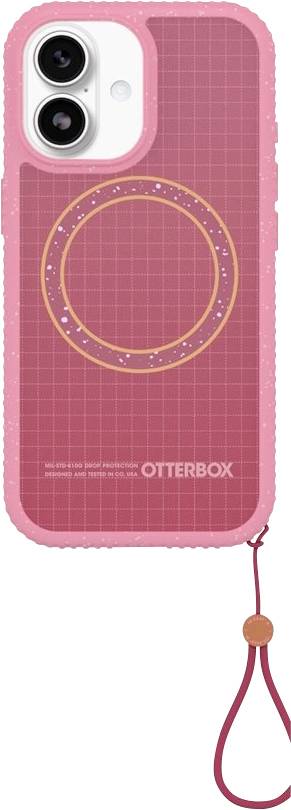Custodia telefonica OtterBox rosa con doppio ritaglio per fotocamera posteriore, design ad anello in stile MagSafe circolare e nappina per cinturino da polso.