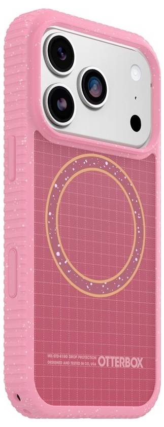 Custodia per telefono OtterBox rosa con anello di ricarica circolare in stile MagSafe e triplo ritaglio per fotocamera sul retro.