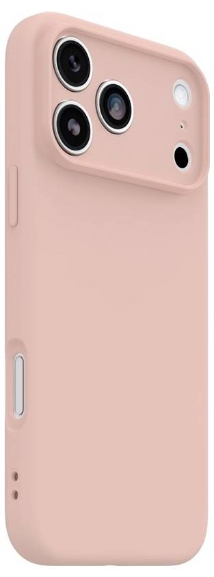 Vista posteriore di una custodia per smartphone rosa con tre aperture per la fotocamera posteriore, apertura del flash, copertura dei pulsanti laterali e aperture per le porte.