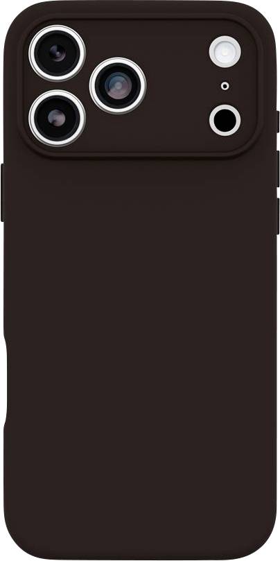 Custodia per smartphone marrone scuro con tre aperture per le fotocamere posteriori e apertura per il flash, vista frontale.