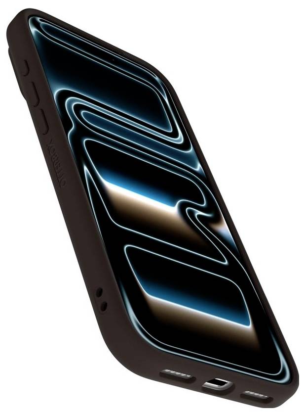 Un smartphone nero mostrato in angolazione, con un'onda astratta blu luminosa sul suo schermo e i pulsanti laterali e le porte visibili.