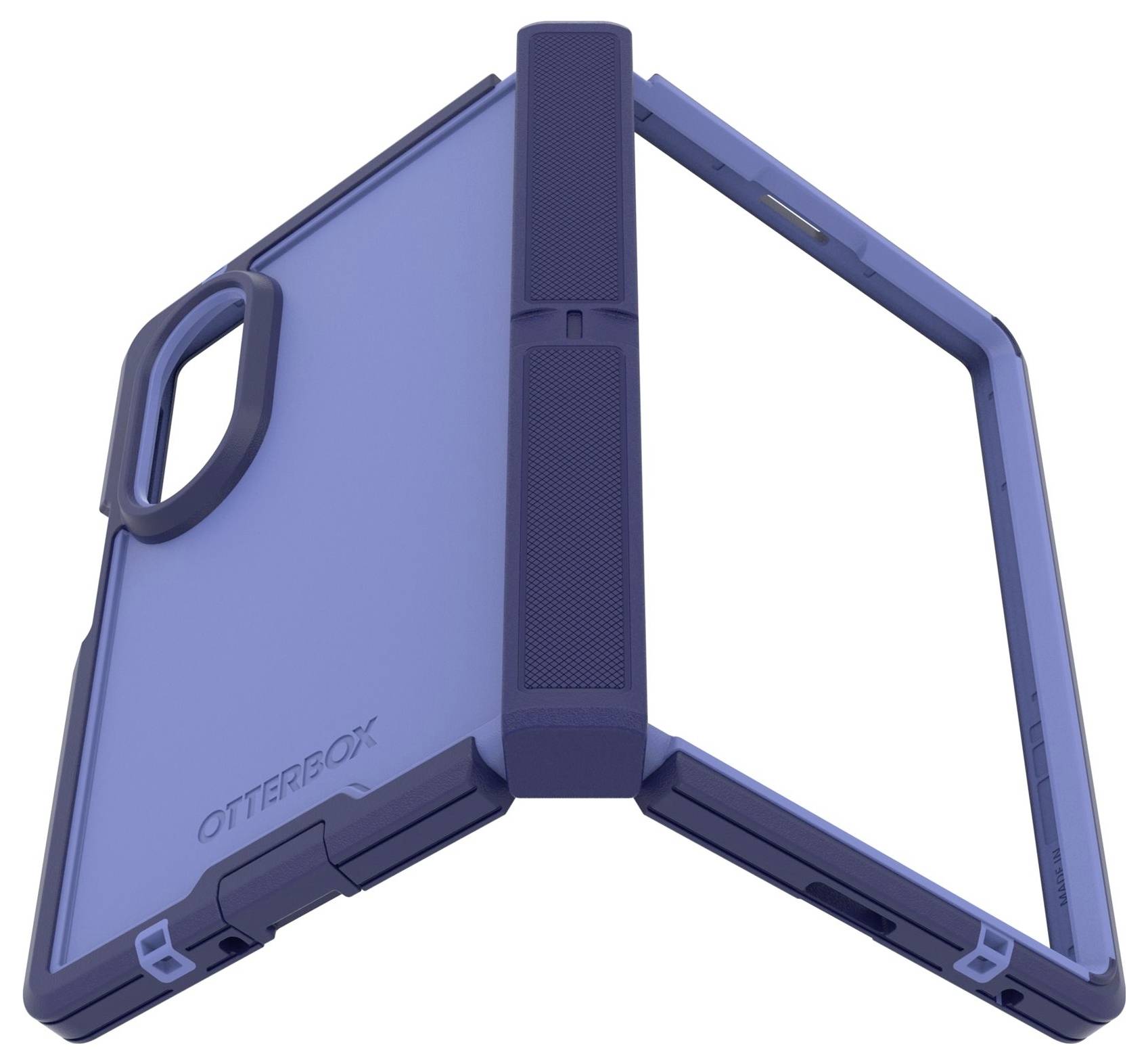 Custodia protettiva pieghevole blu per tablet con maniglia integrata, mostrata aperta per rivelare l'interno e la copertura supporto.