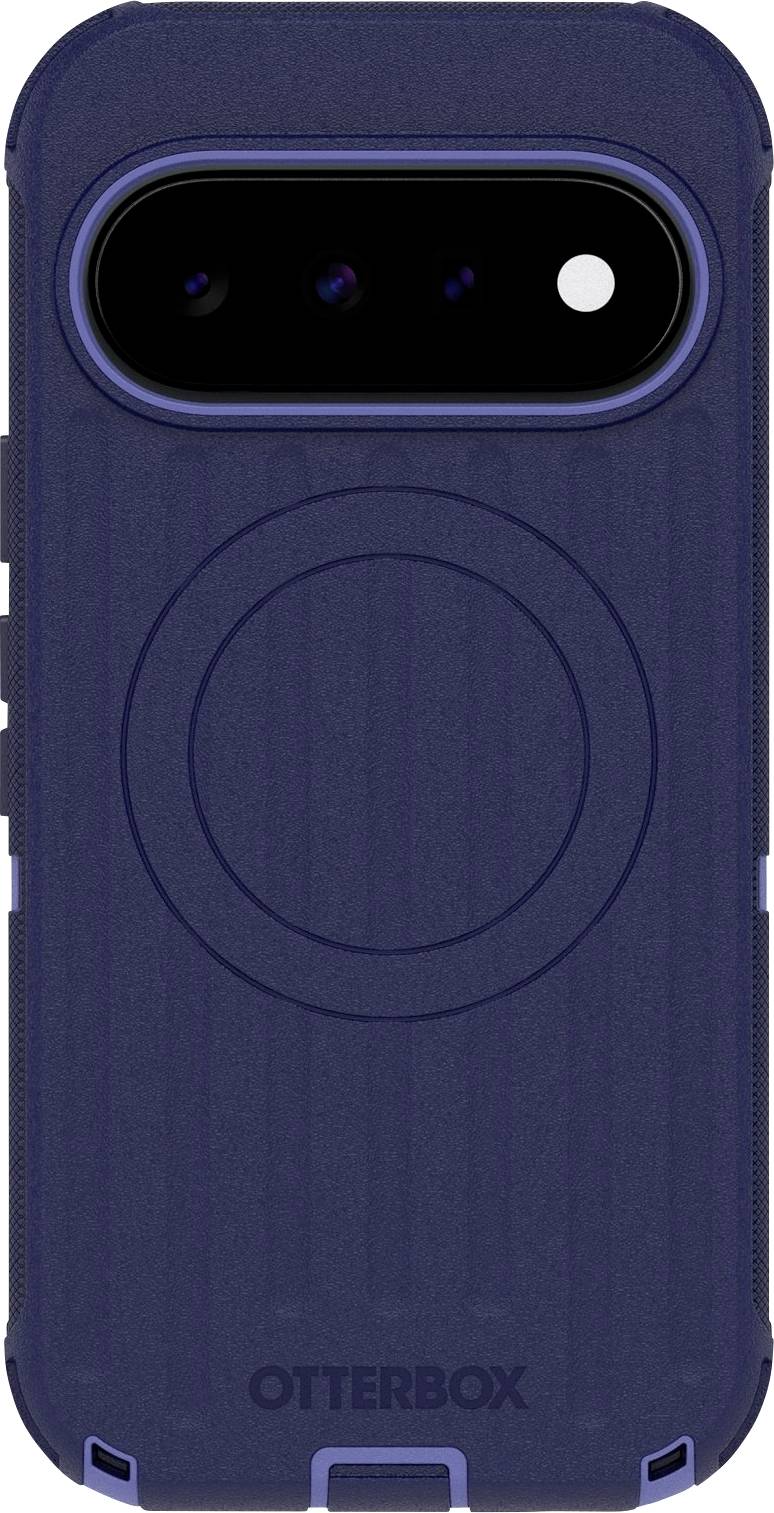 Custodia per telefono OtterBox blu mostrata frontalmente, con un grande anello in stile MagSafe circolare e un'apertura tripla per la fotocamera nella parte superiore.