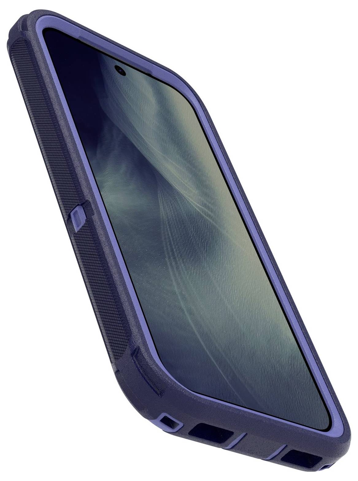 Smartphone con custodia protettiva scura mostrato ad angolazione su sfondo bianco.