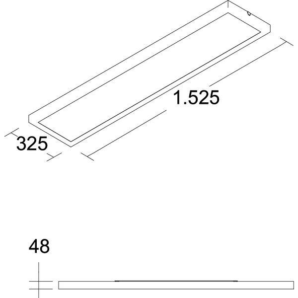 Disegno tecnico isometrico e vista laterale di un vassoio rettangolare allungato, etichettato con 1.525 di lunghezza, 325 di larghezza e 48 di altezza.