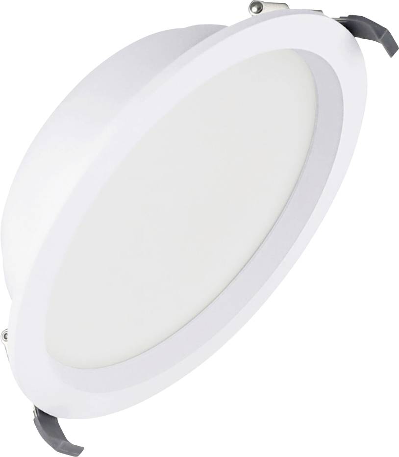 Plafoniera LED rotonda bianca con clip di montaggio, mostrata su uno sfondo neutro.