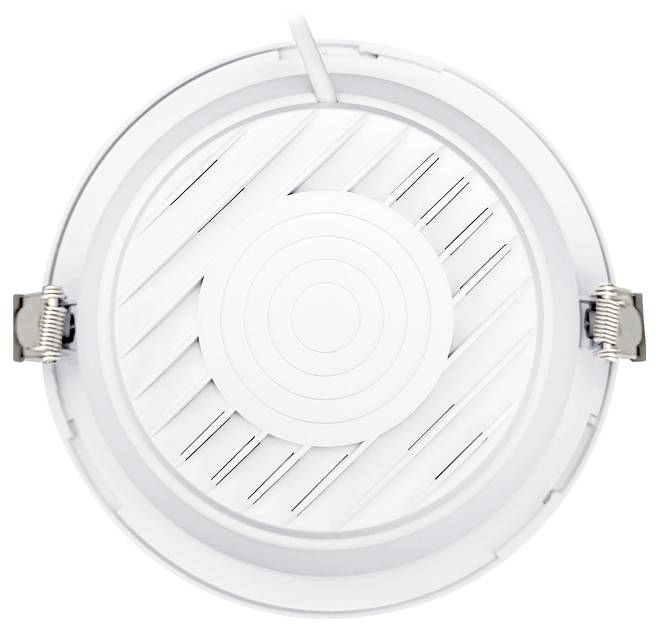 Apparecchio di illuminazione da incasso a soffitto di forma rotonda bianca con clip a molla, visto da sotto.