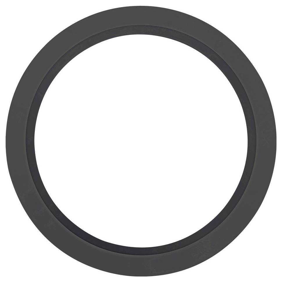 Anello circolare grigio scuro o guarnizione su sfondo bianco, vista frontale.
