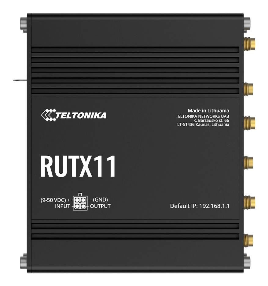 Router industriale nero Teltonika RUTX11 con multiple porte per antenne dorate e etichette stampate per alimentazione, IP e produttore