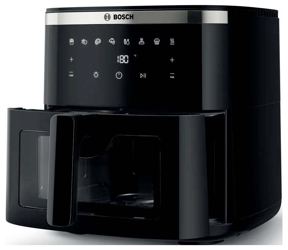 Forno friggitrice ad aria Bosch nero con controlli tattili digitali, che mostra 180° e una finestra di visualizzazione frontale con maniglia.