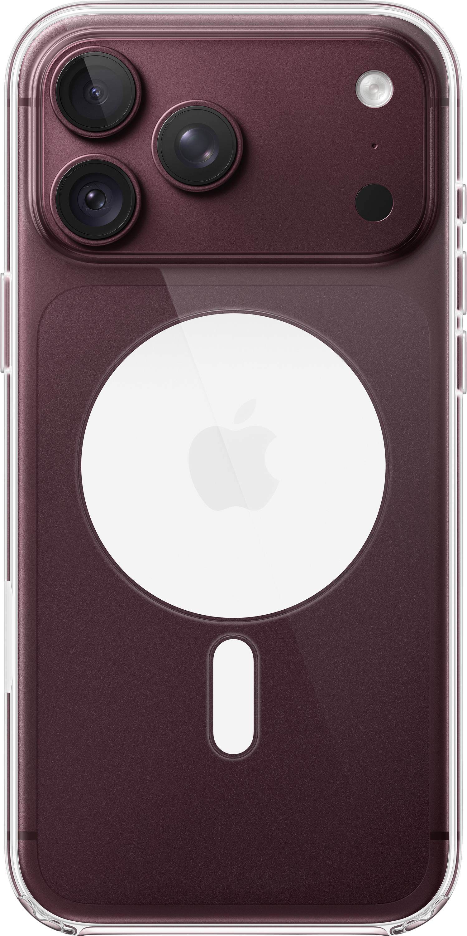 Vista posteriore di un iPhone bordeaux in una custodia protettiva trasparente, che mostra le tre fotocamere posteriori e il logo Apple centrato.