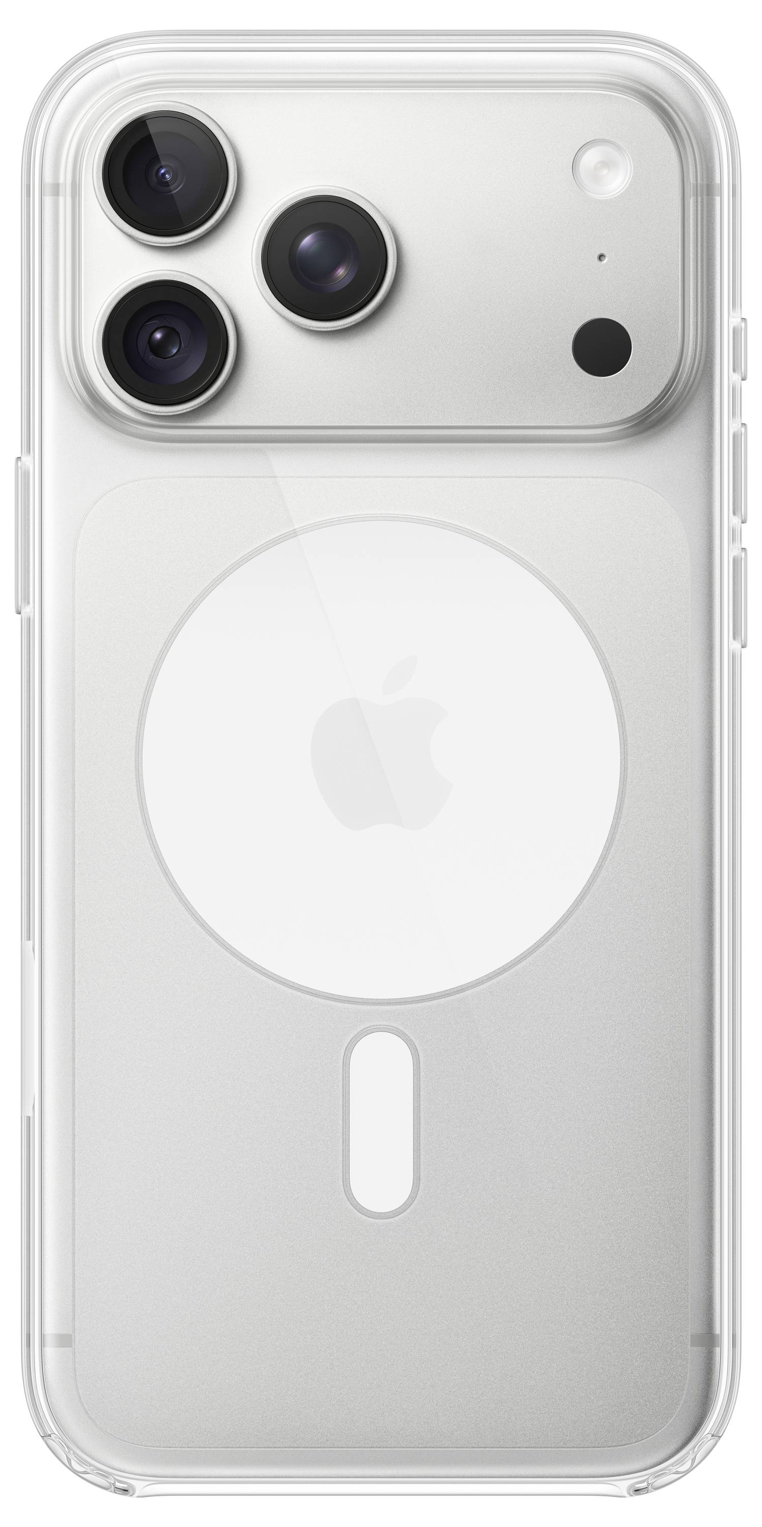 Vista posteriore di un iPhone argentato con tre fotocamere, flash e cerchio di ricarica MagSafe.
