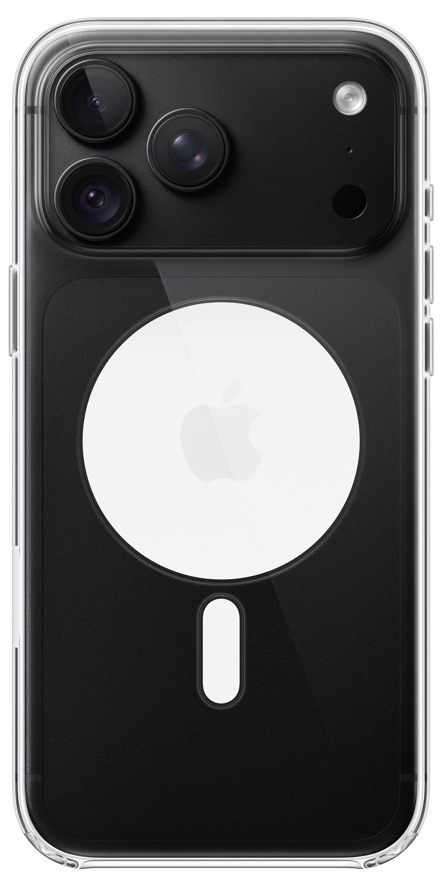 Vista posteriore di un iPhone nero in una custodia trasparente, che mostra tre fotocamere posteriori e un grande anello MagSafe circolare.