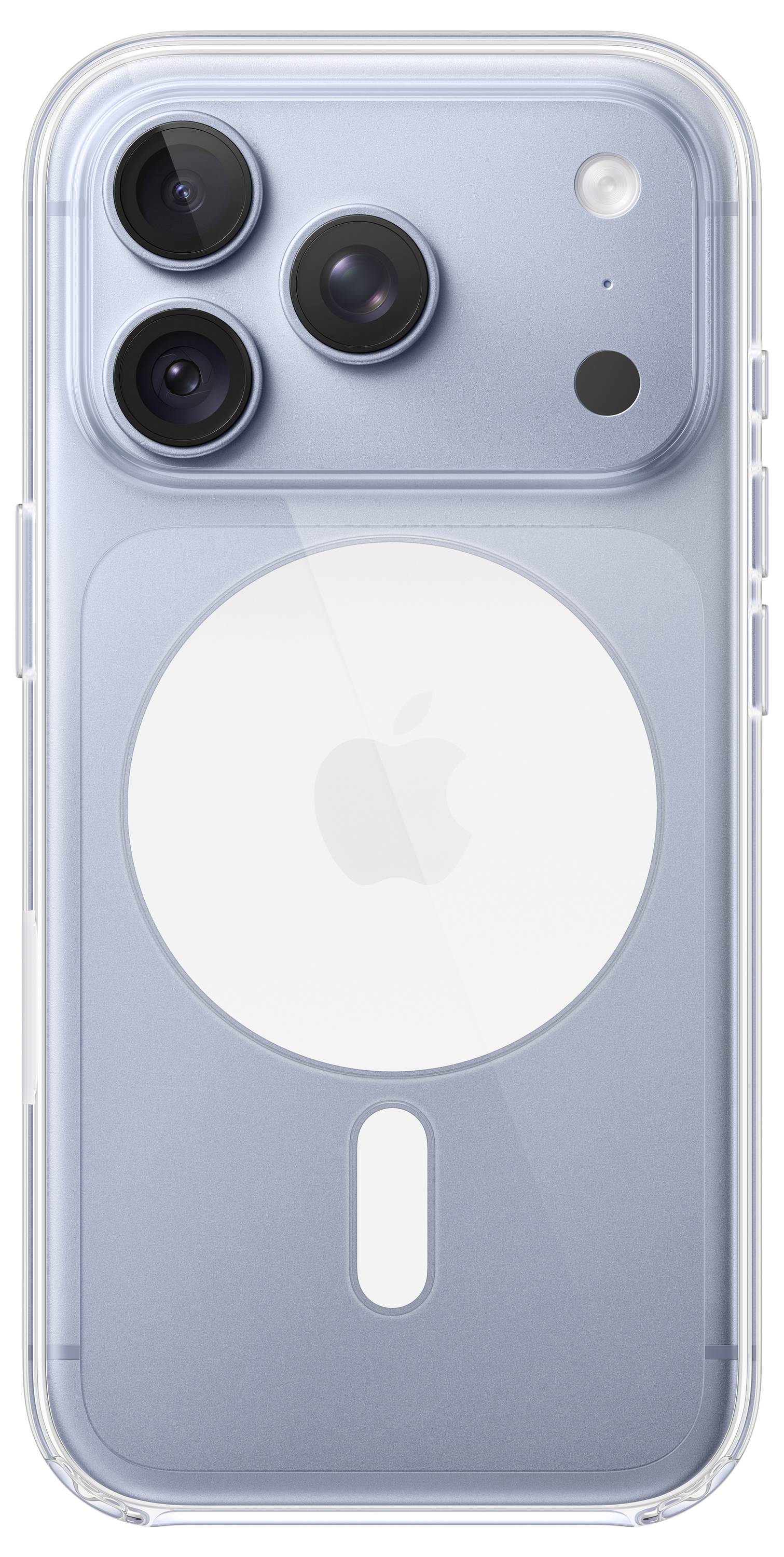 Vista posteriore di uno smartphone blu chiaro in una custodia trasparente, che mostra tre fotocamere, flash e un grande anello MagSafe circolare.