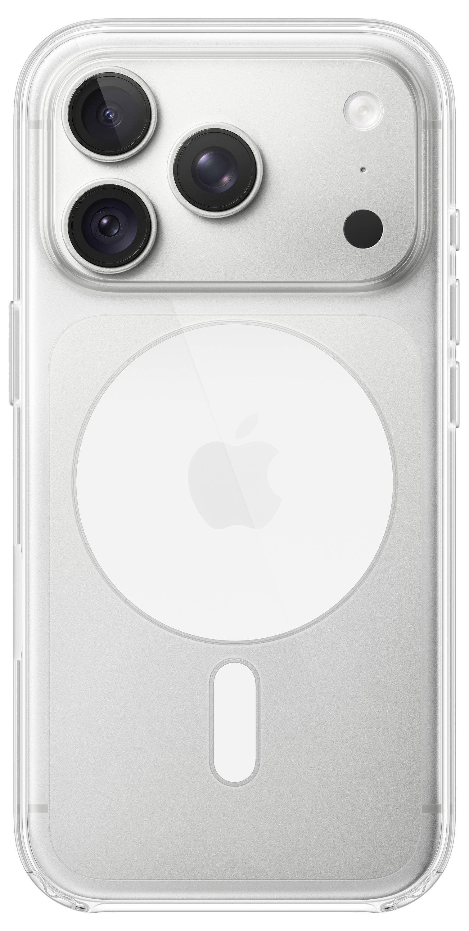 Custodia trasparente per iPhone sul retro, che mostra il cluster triplo della fotocamera e il cerchio MagSafe.