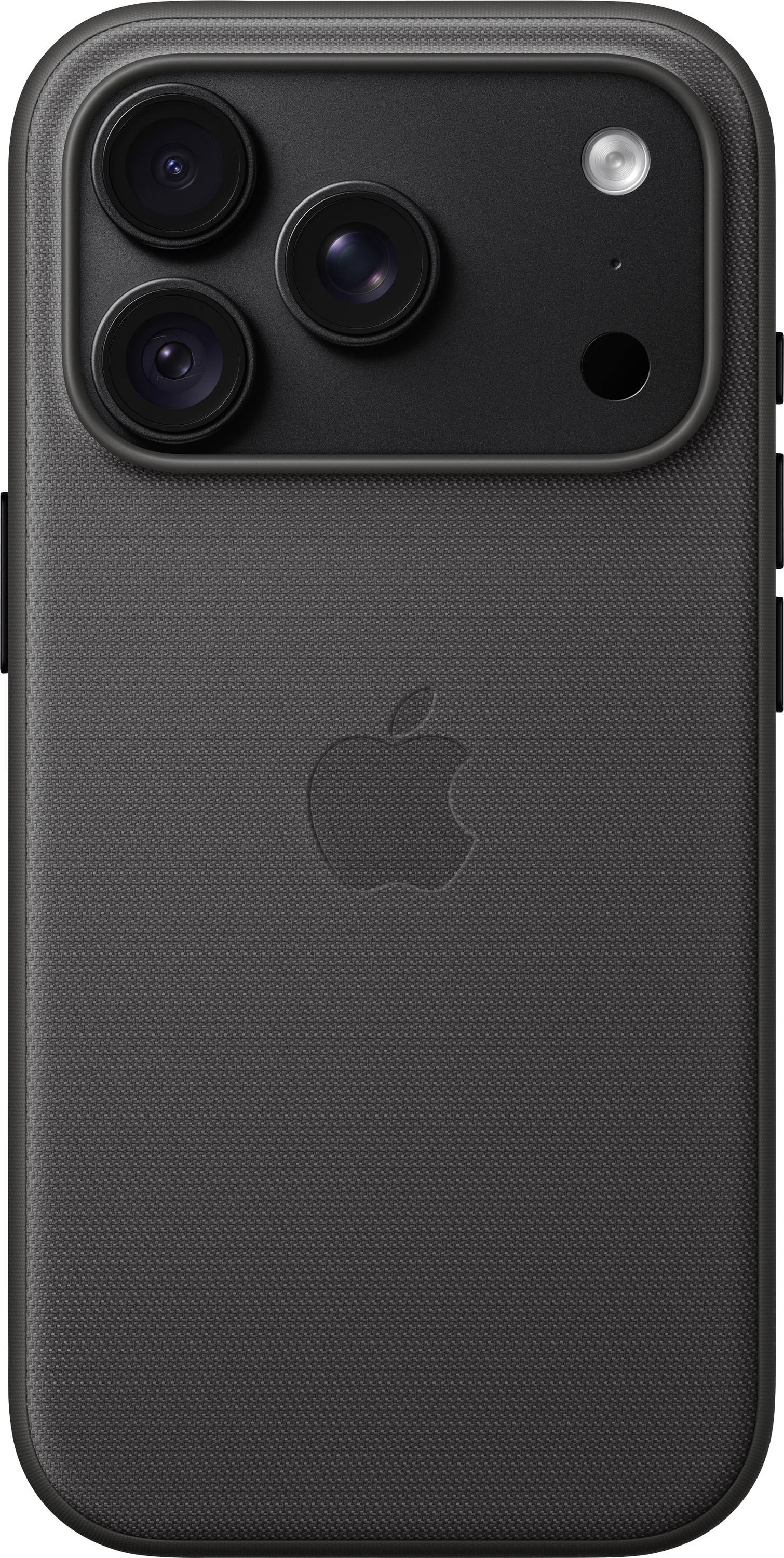 Retro di un iPhone nero con tre fotocamere posteriori, flash e logo Apple su una custodia con texture.