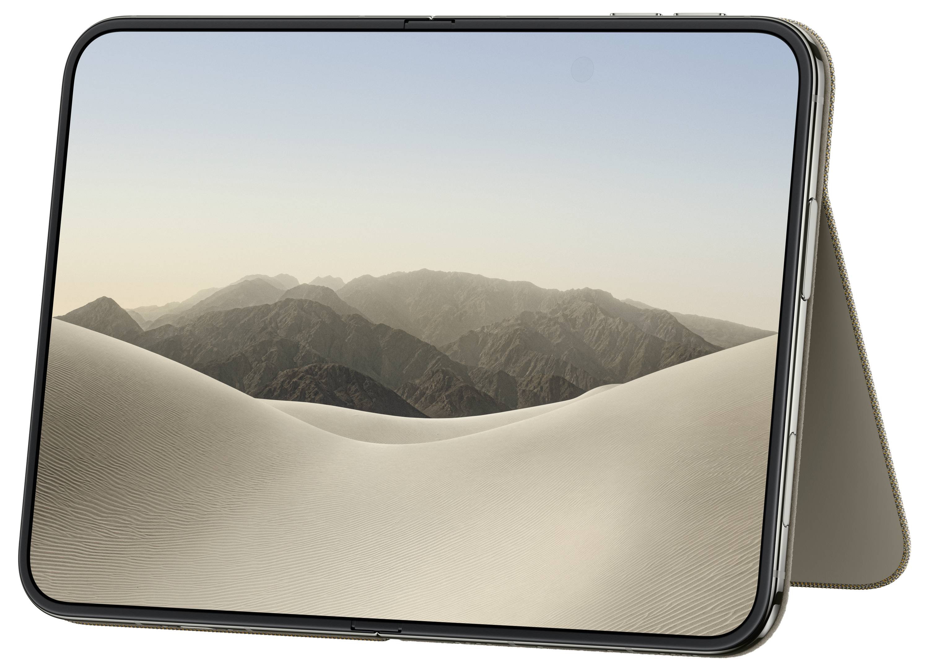 Tablet visualizzato in orientamento orizzontale su un supporto pieghevole, che mostra una duna di sabbia del deserto con montagne sotto un cielo limpido.