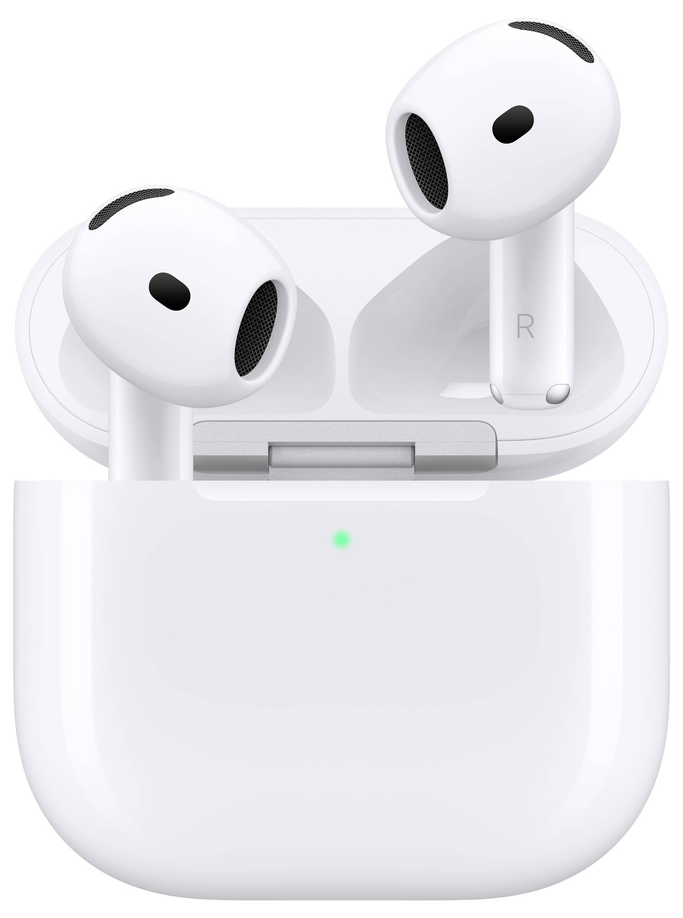 Auricolari wireless bianchi in una custodia di ricarica aperta, con una spia di stato verde sulla parte anteriore.