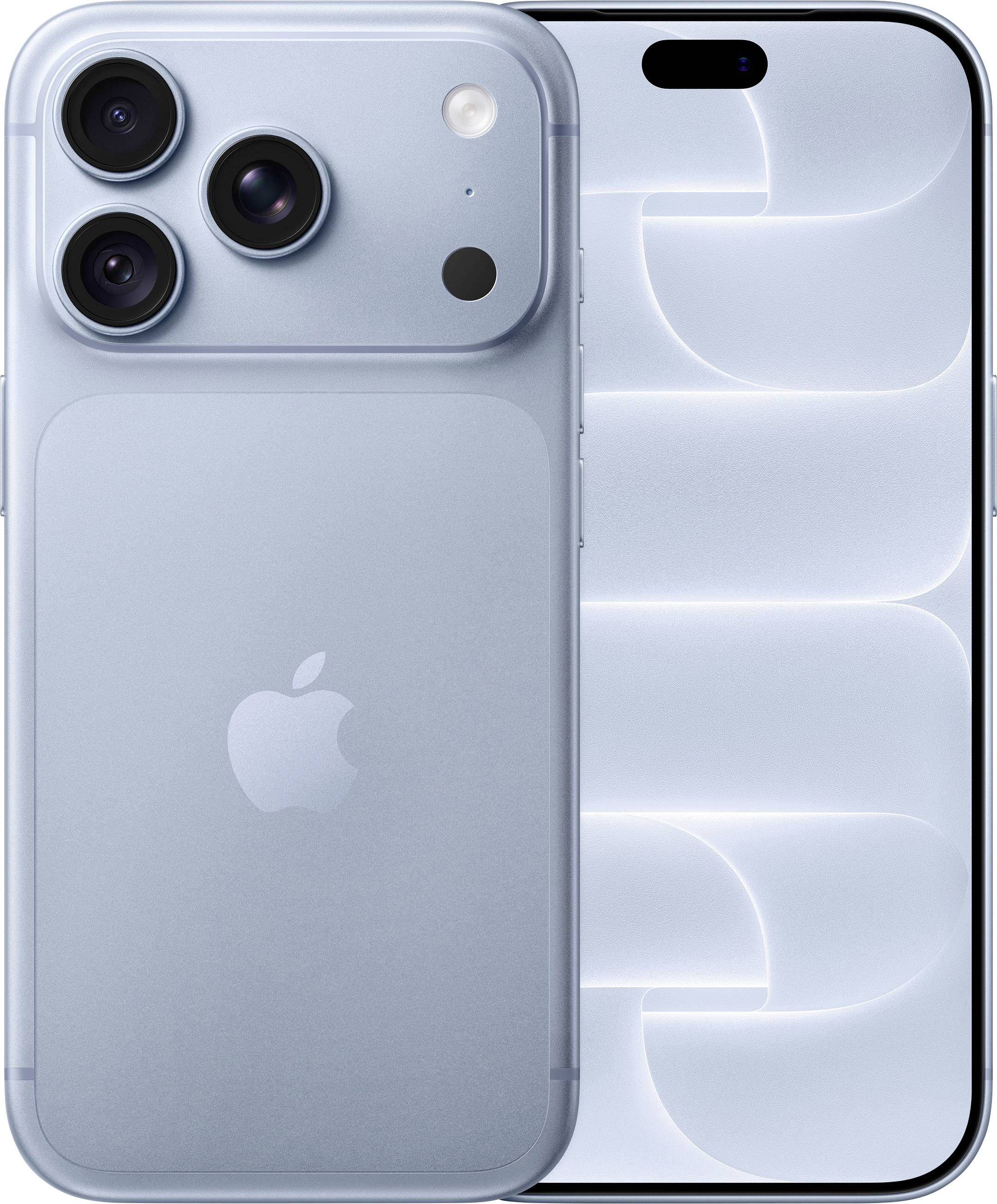 Due iPhone azzurri chiari mostrati da davanti e da dietro, evidenziando le triple fotocamere posteriori e il notch anteriore a forma di pillola.