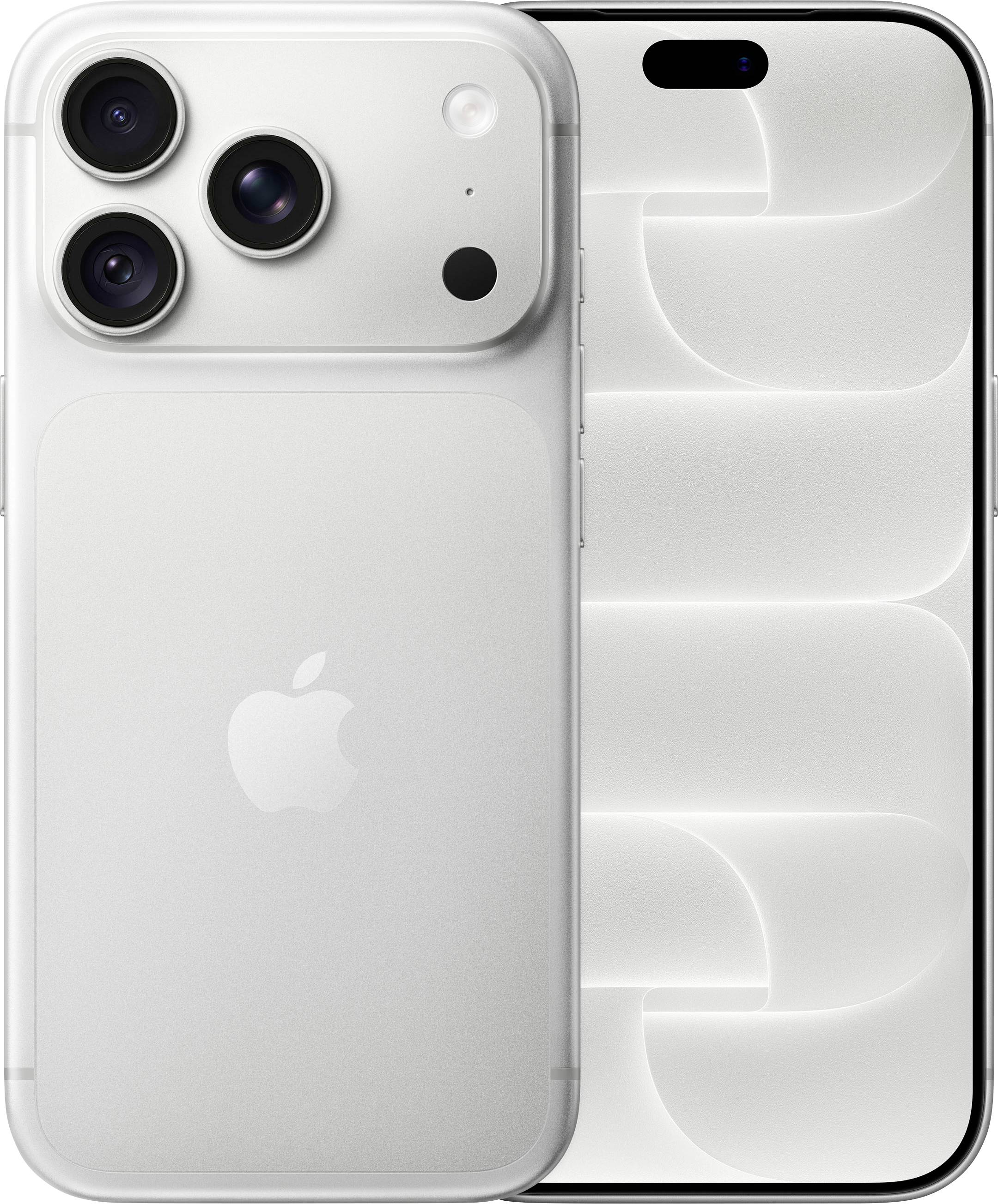 Viste anteriore e posteriore di un iPhone argento con triple fotocamere posteriori e un ritaglio fotocamera anteriore a forma di pillola su uno sfondo bianco.