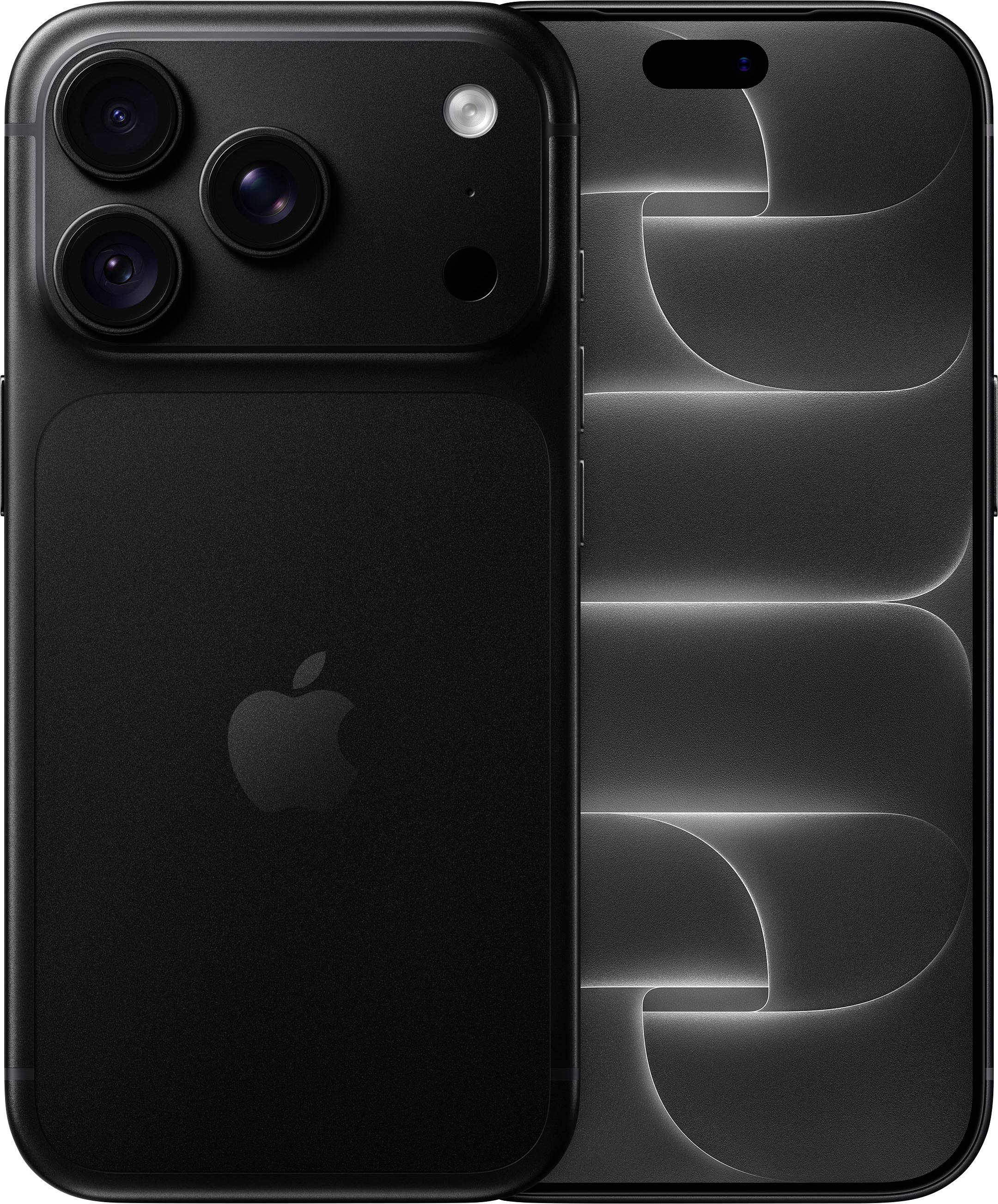 iPhone Pro nero mostrato da davanti e da dietro, evidenziando le tre fotocamere posteriori e uno sfondo astratto scuro sul display.