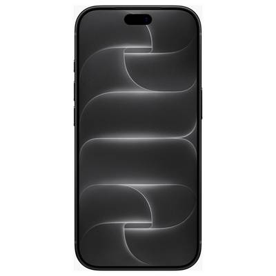 Vista frontale di uno smartphone nero con uno sfondo astratto scuro e un ritaglio della fotocamera di forma ovale centrato nella parte superiore.
