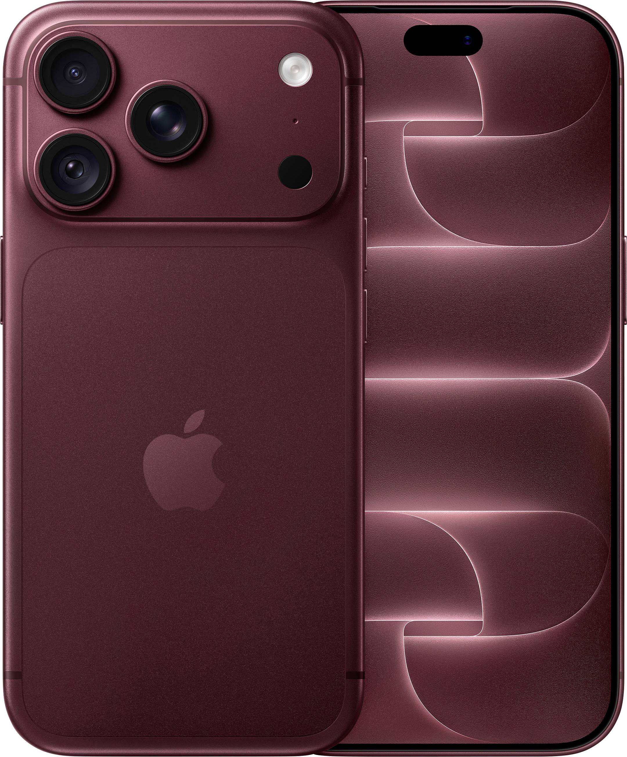 Un iPhone color borgogna mostrato da davanti e da dietro, che evidenzia le tre fotocamere posteriori e lo sfondo astratto luminoso sullo schermo.