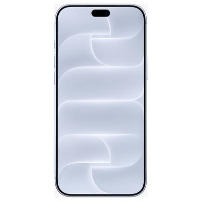 Vista frontale di uno smartphone azzurro chiaro con un foro fotocamera anteriore a forma di pillola e uno sfondo astratto ondulato sullo schermo.