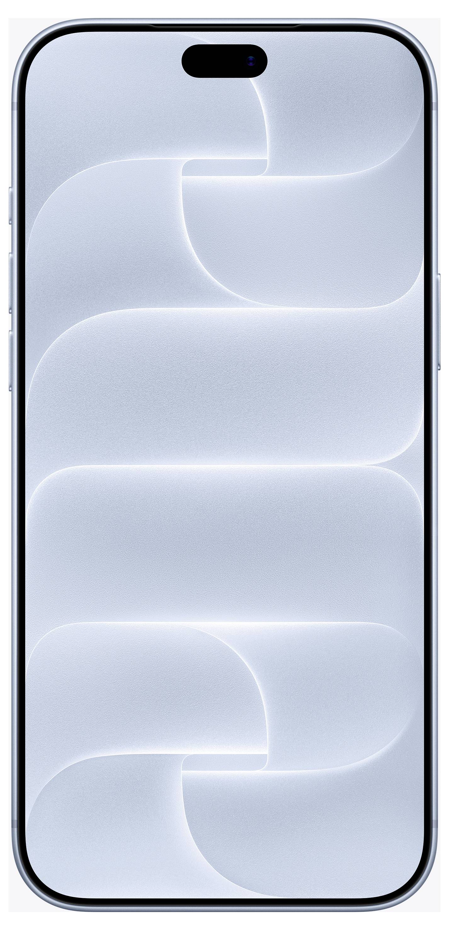 Vista frontale di uno smartphone blu chiaro con un ritaglio della fotocamera frontale di forma ovale nera e uno sfondo astratto con curve sullo schermo.