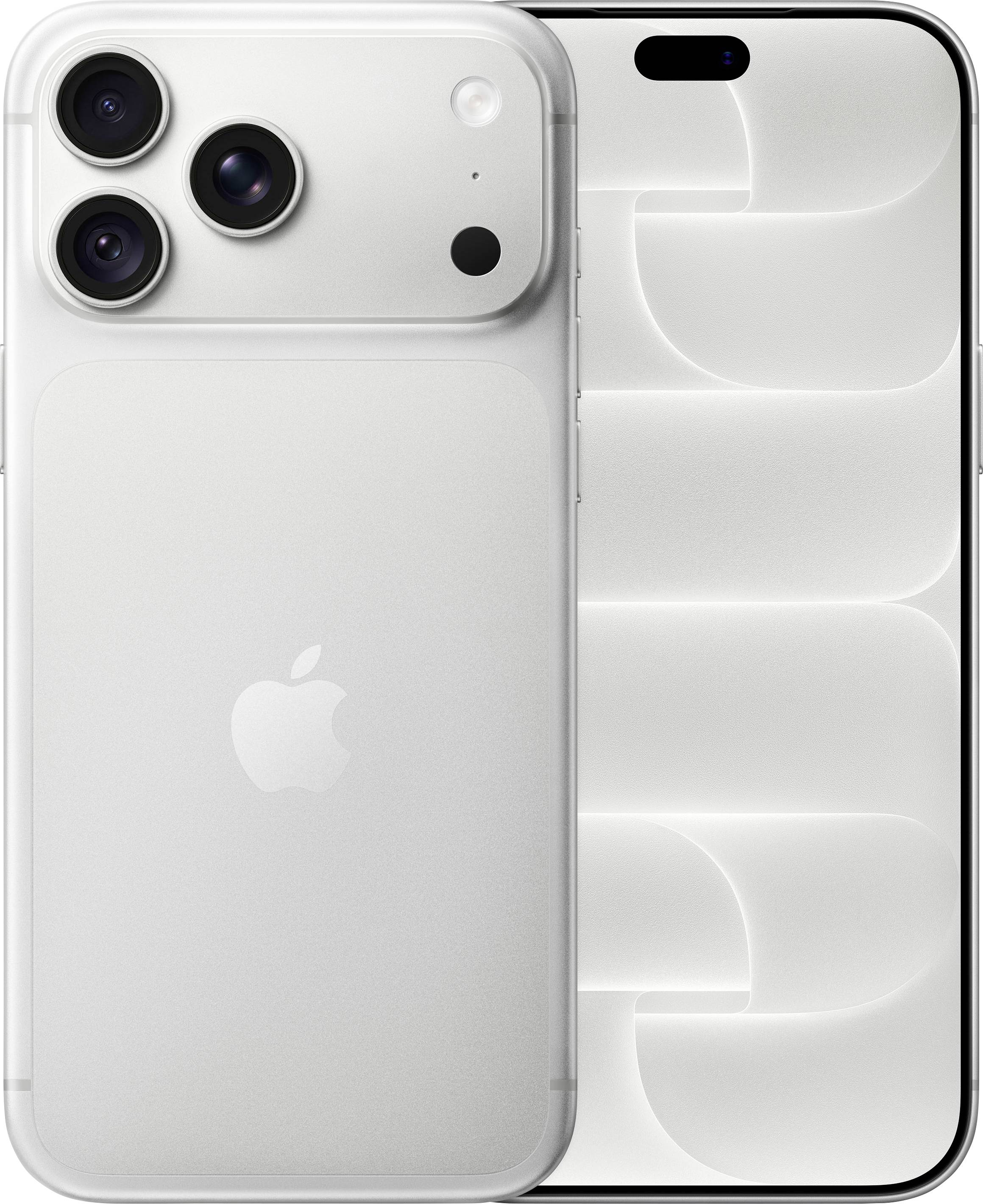 iPhone argento mostrato da fronte e retro, dotato di fotocamera posteriore con triplo obiettivo e notch anteriore a forma di pillola.