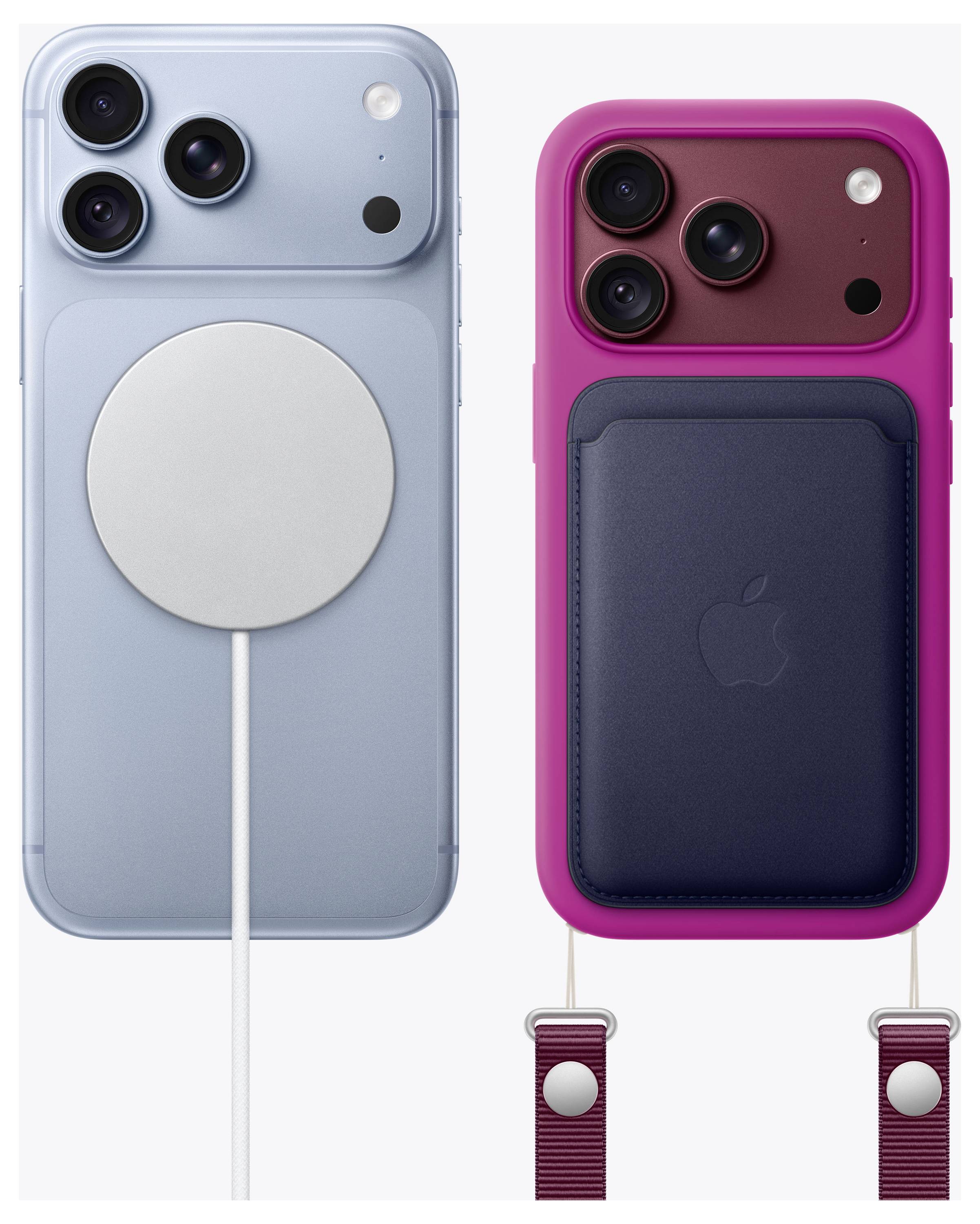 Due iPhone con accessori MagSafe mostrati affiancati: a sinistra un telefono blu con un caricabatterie wireless bianco collegato, a destra un telefono rosa con un portafoglio MagSafe scuro e cinghie.