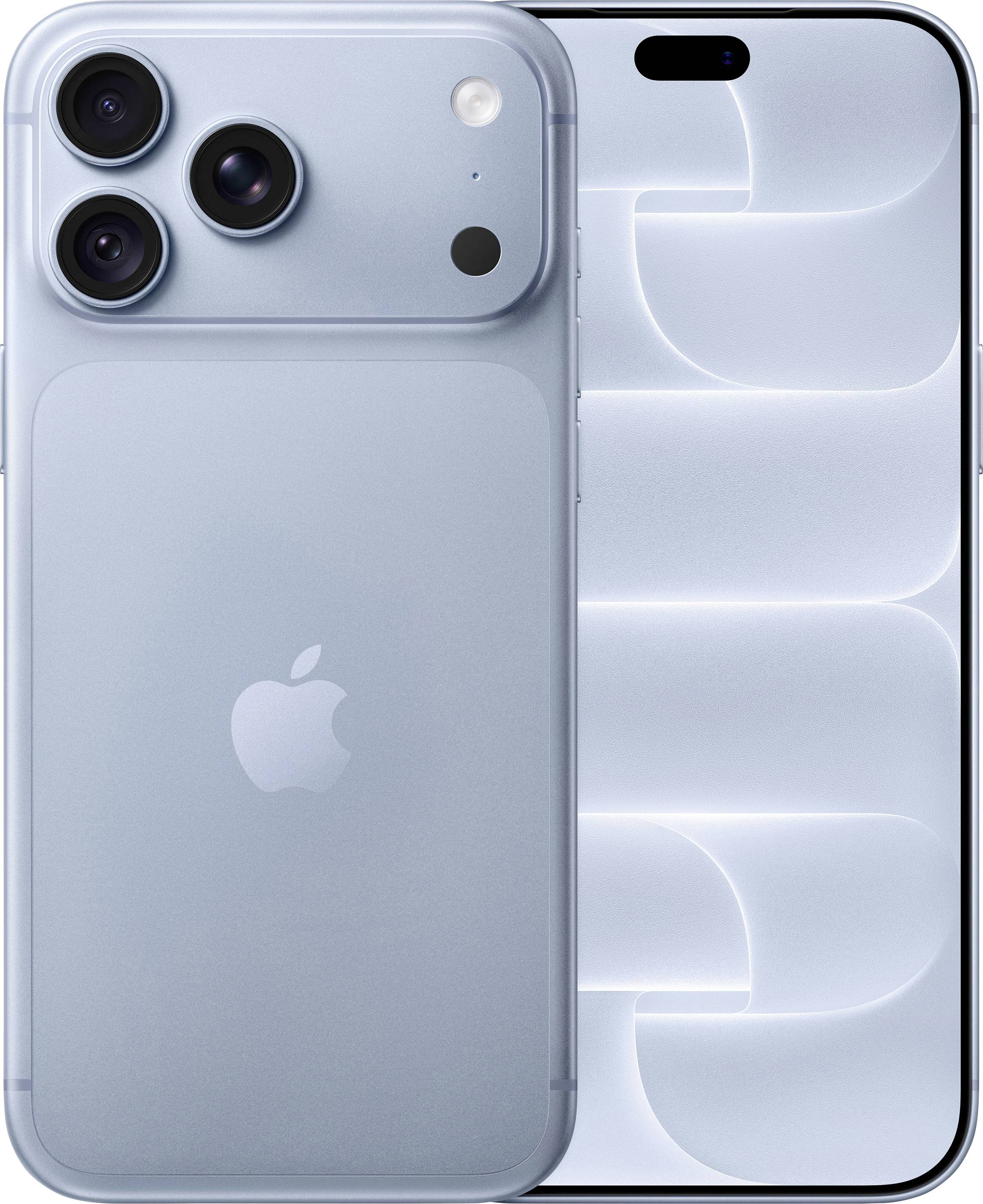 Viste anteriore e posteriore di un iPhone blu chiaro con tre fotocamere posteriori, che mostrano il logo Apple e il design dello schermo.
