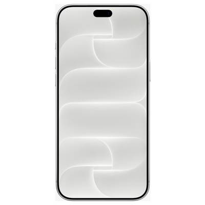 Vista frontale di uno smartphone color argento con un ritaglio fotocamera di forma ovale nera e sfondo di blocco schermo con astratte curve bianche.