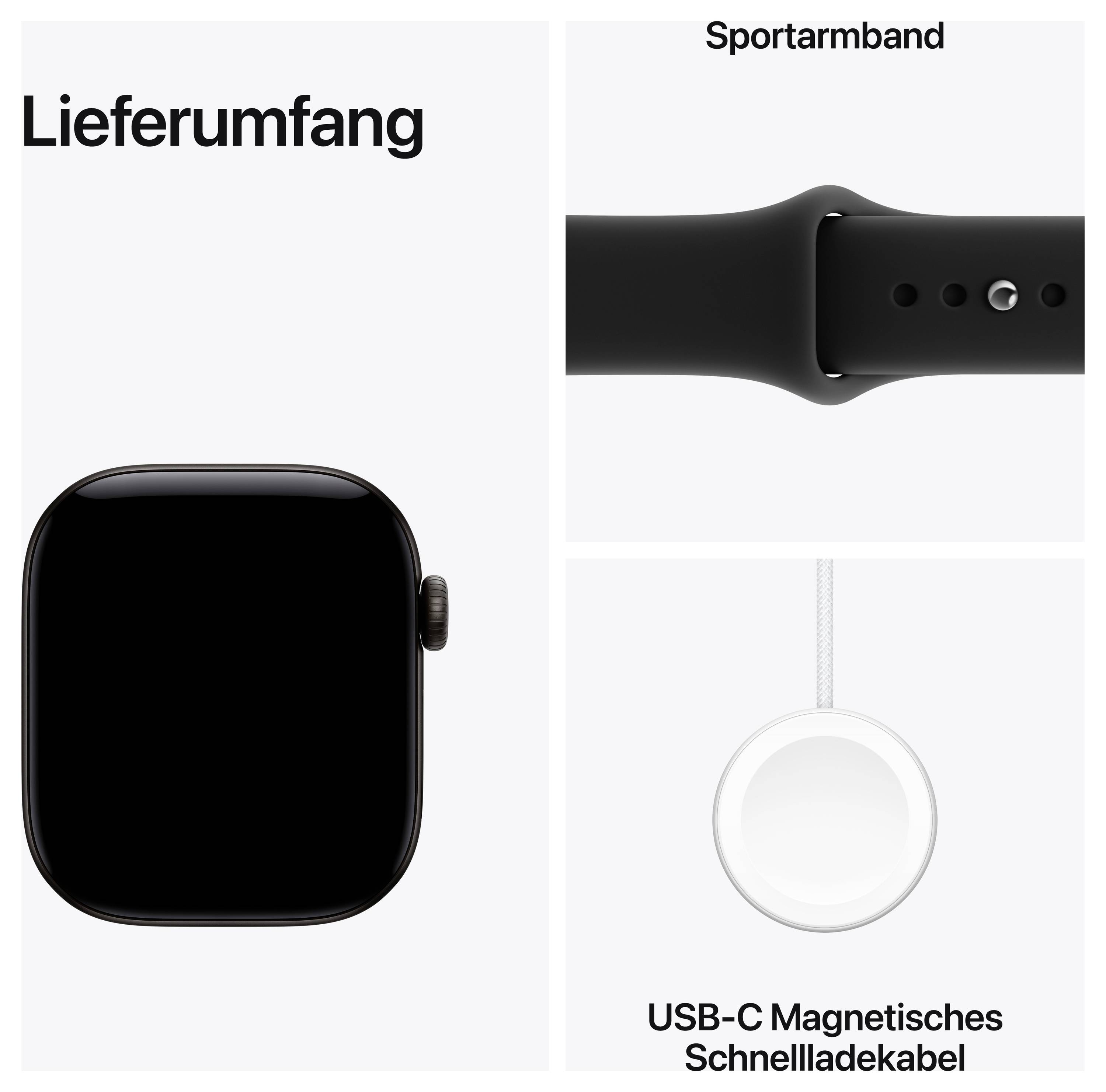 Contenuto della confezione di uno smartwatch: cassa dell'orologio, cinturino sportivo e cavo di ricarica rapida magnetico USB-C.