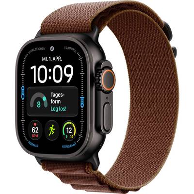 Smartwatch nero con cinturino intrecciato marrone che mostra una dashboard fitness e l'ora 10:09, inclusi data 'MI.1.APR.', frequenza cardiaca, passi e statistiche di allenamento.